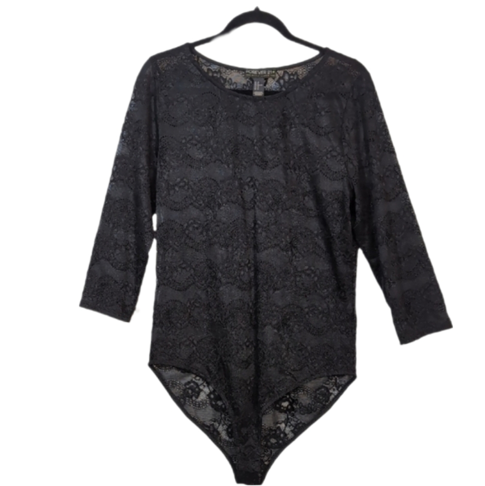 3/$20 Forever 21 Black Lace Bodysuit Womens Plus Size 2X Long Sleeve Sheer Top